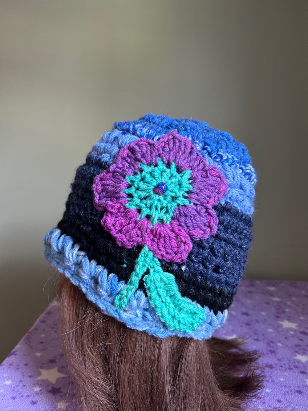 Crocheted Blue & Purple Flower Beanie medium acrylic beanie
